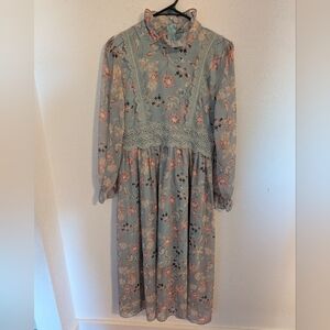Pale Blue-Green Long Sleeve Flowing Floral Dress (S)